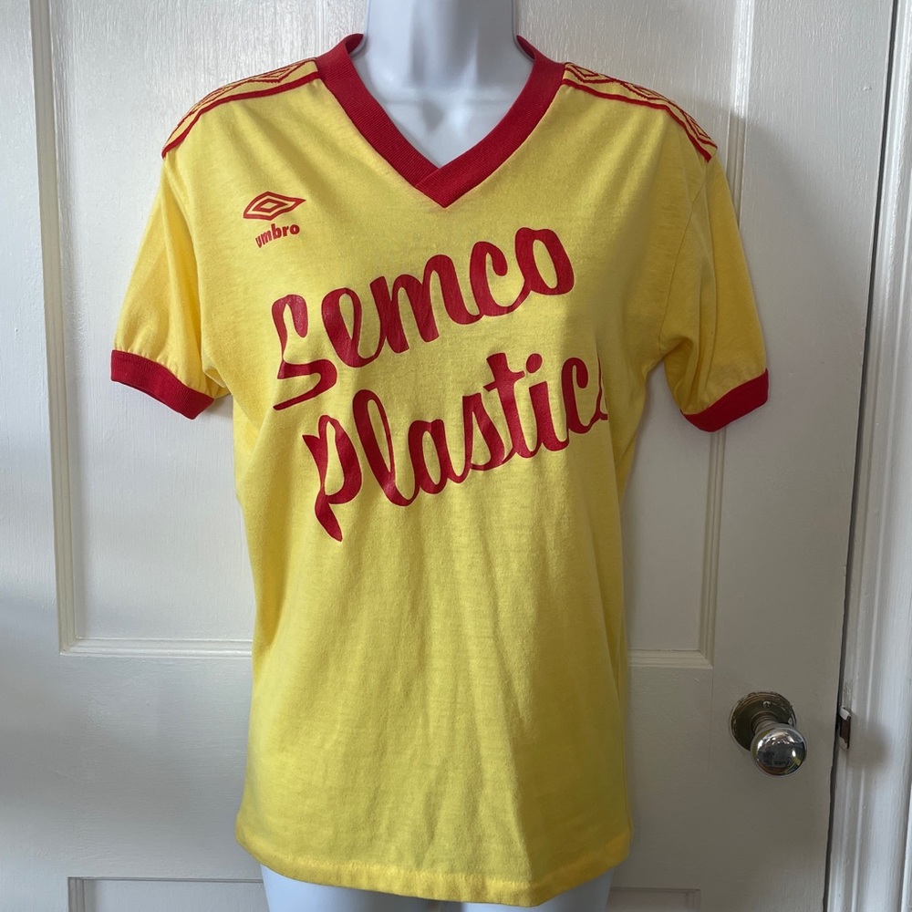 Vintage Semco Plastics T-Shirt Umbro Yellow and Red V-Neck Shirt CUTE